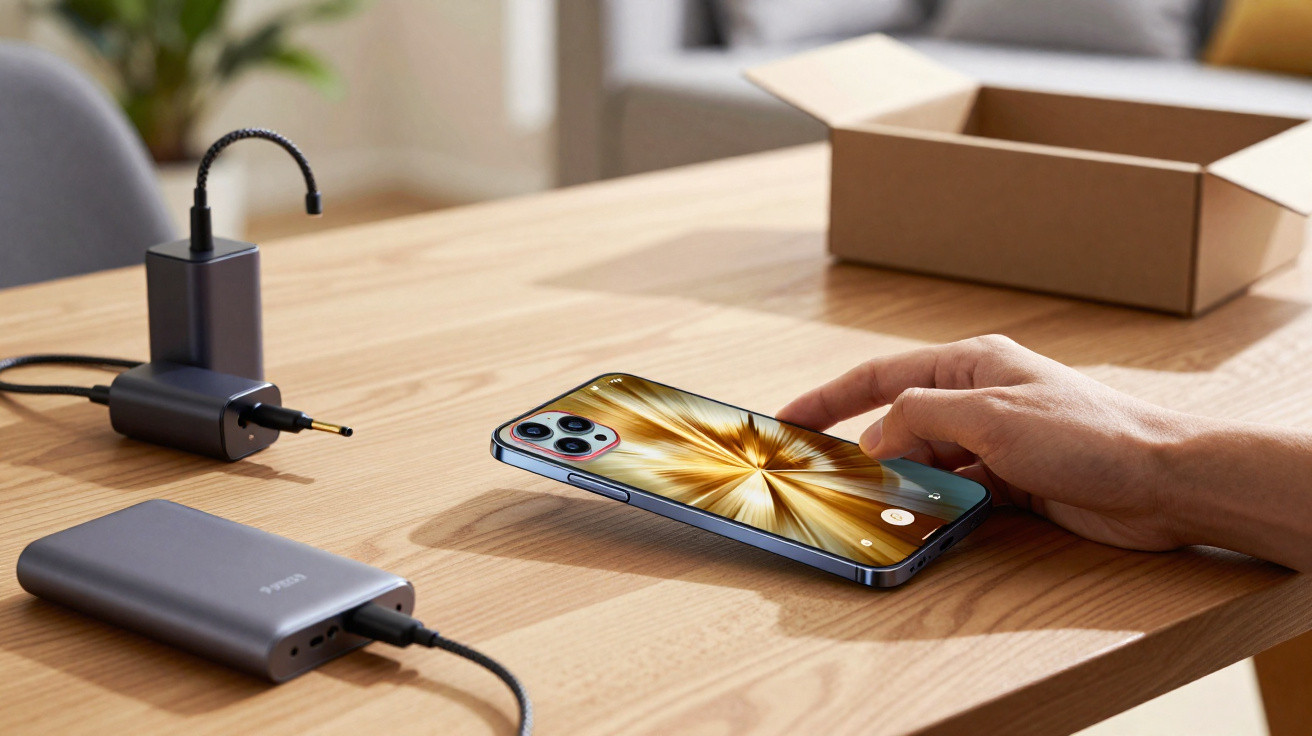 Hand reaching for a smartphone on a wooden table beside a power bank and charger with an open cardboard box in background.