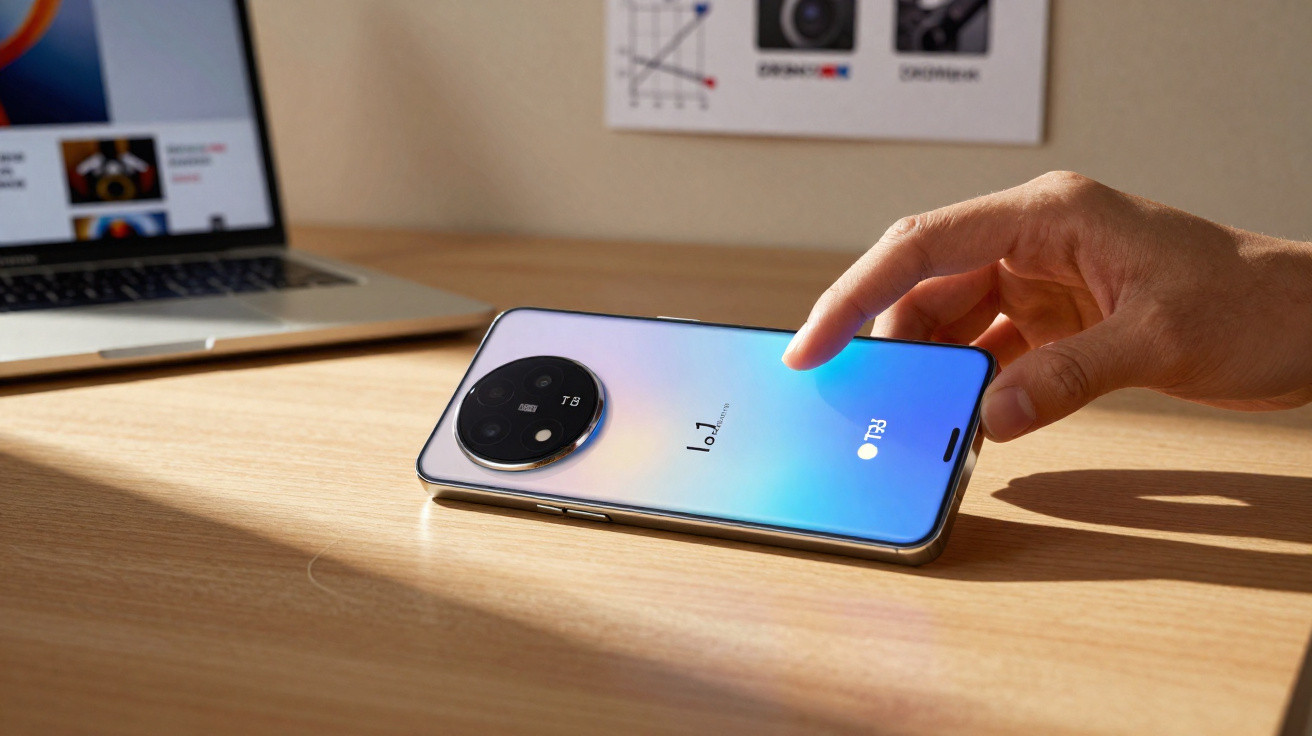 Hand reaching to touch a modern smartphone with a large circular camera on a wooden desk next to a laptop.