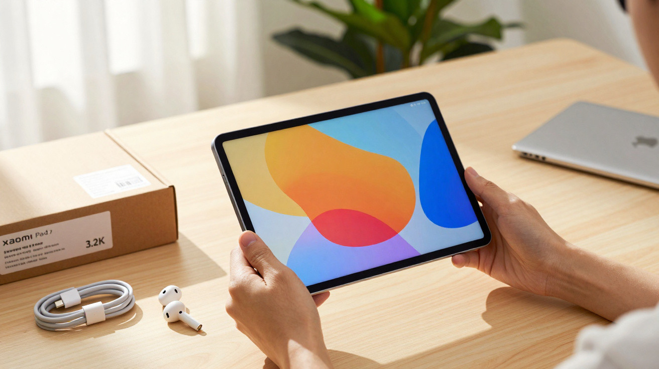 Person holding a Xiaomi Pad 7 tablet with colorful screen on a wooden table beside charger and earbuds.
