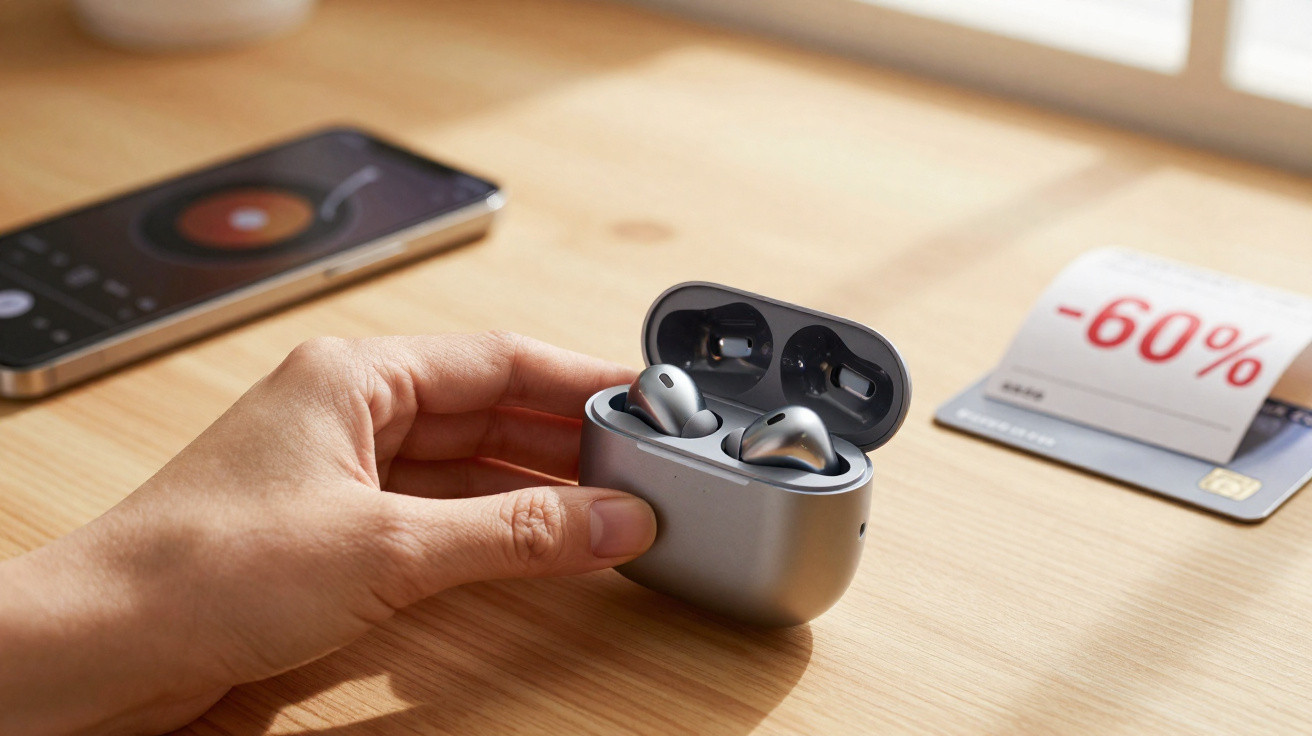 Hand holding open charging case with metallic wireless earbuds on wooden surface, smartphone and discount card nearby.