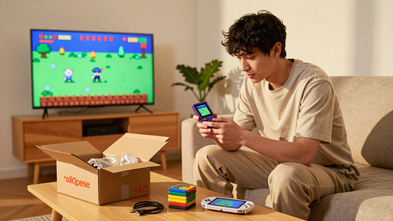 Young man playing handheld retro video game console in living room with TV and gaming devices nearby