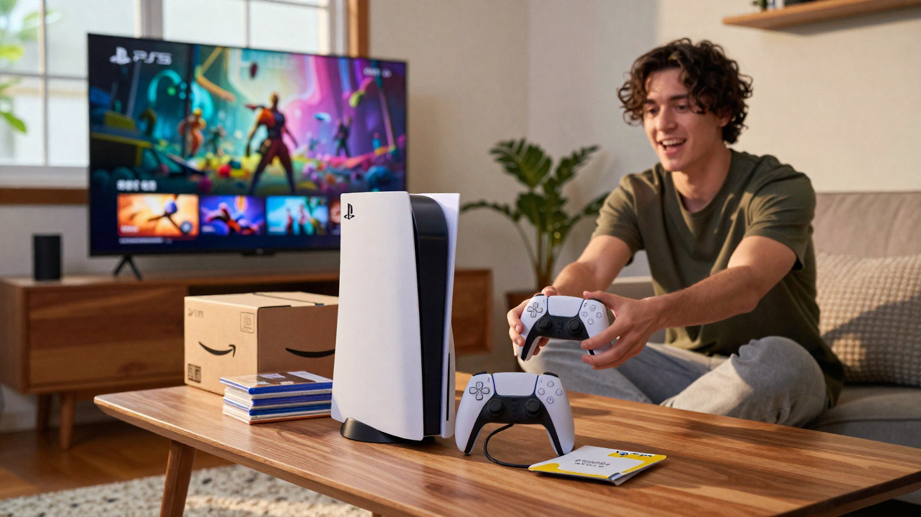 Young man playing PlayStation 5 in living room with console, controllers, and TV game screen.
