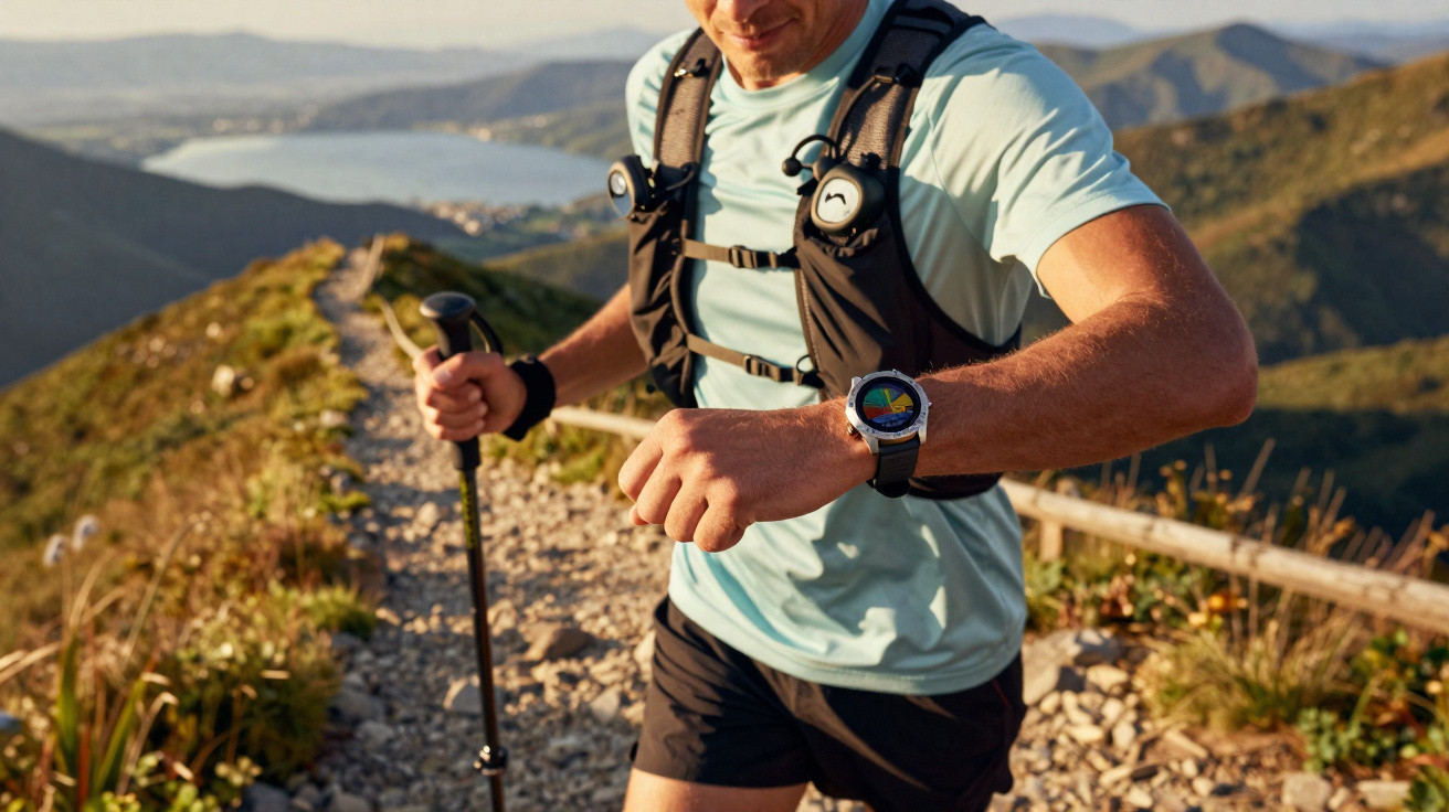 Male hiker checking smartwatch on rocky mountain trail with valley and sea in the background on a sunny day.