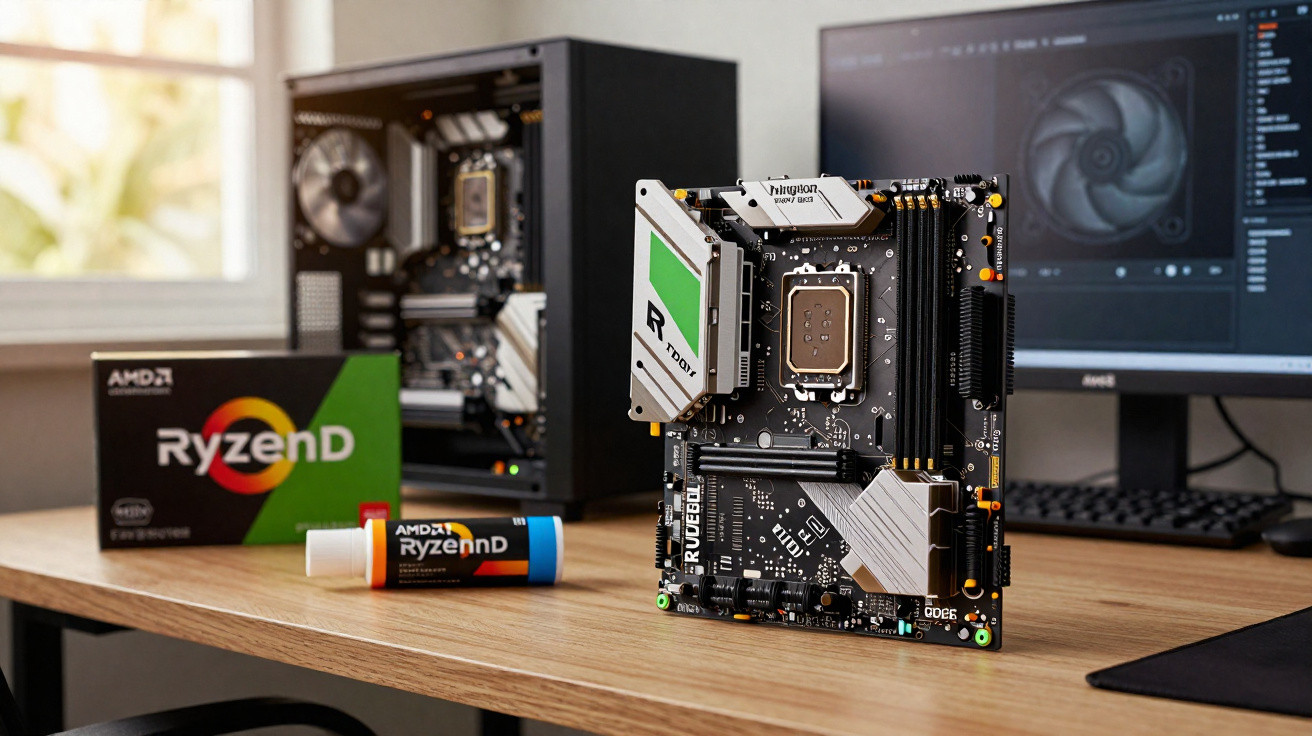AMD Ryzen CPU packaging, thermal paste, and a motherboard on a desk with a PC and monitor in the background.