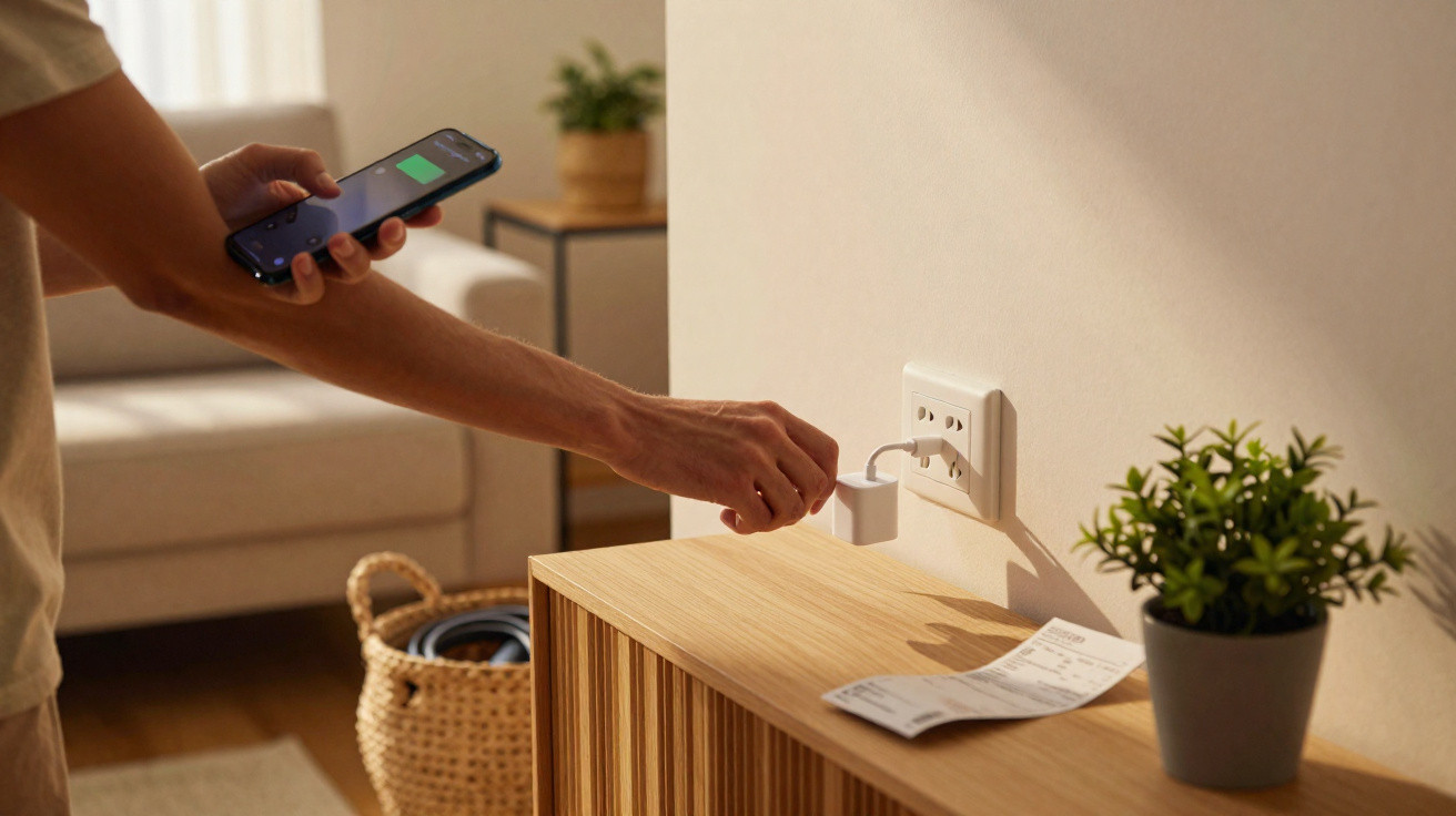 Person holding smartphone and plugging charger into wall socket on wooden cabinet with plant and receipt nearby