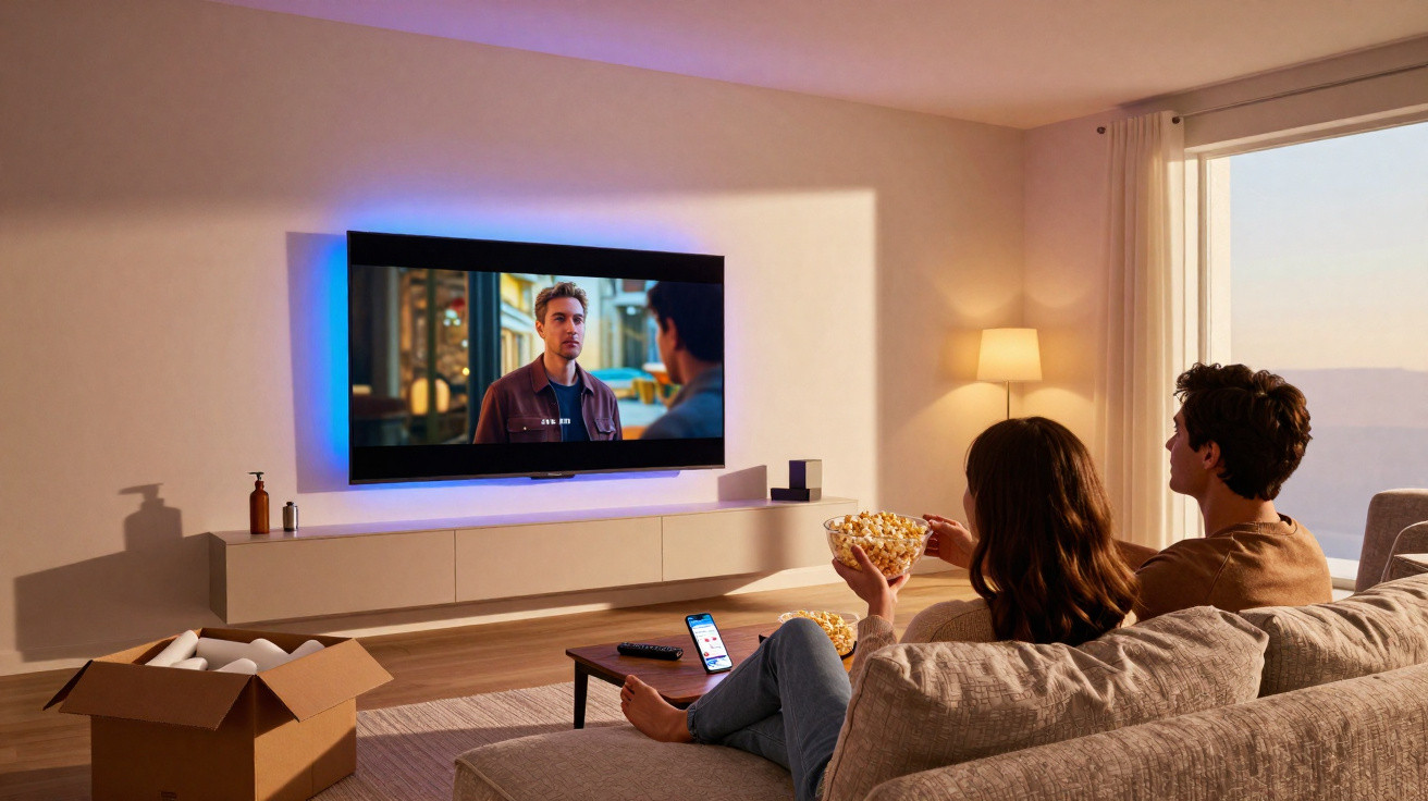 Couple sitting on a sofa eating popcorn and watching a movie on a wall-mounted TV in a modern living room.