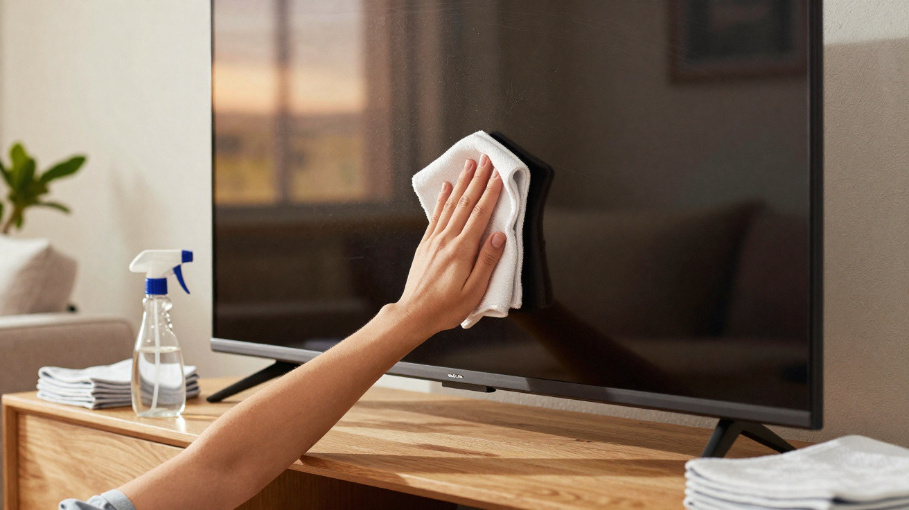 Hand wiping a flat-screen TV with a white cloth on a wooden cabinet in a living room.