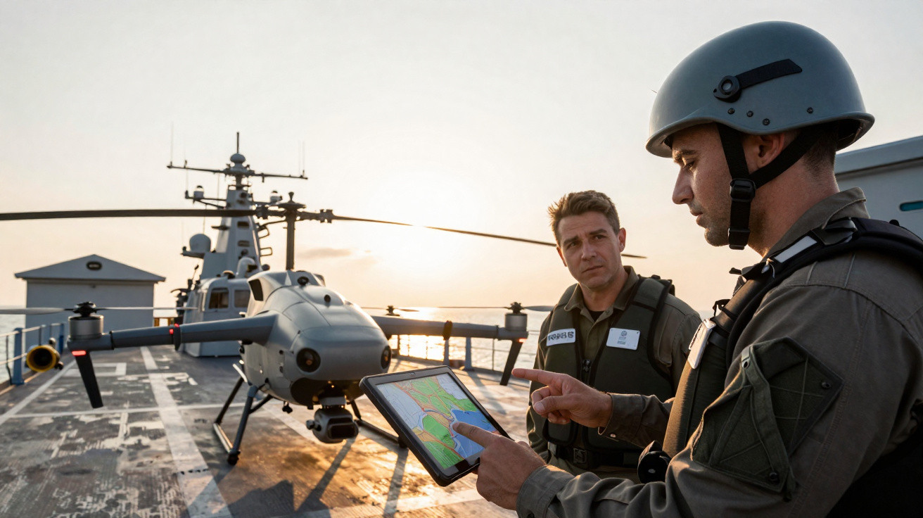 Two military personnel examining a tablet with a drone on a ship deck at sunset.