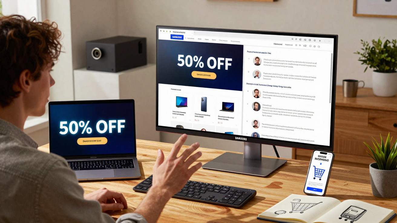 Person shopping online with 50% off sale displayed on laptop, desktop, and mobile screen at a wooden desk.