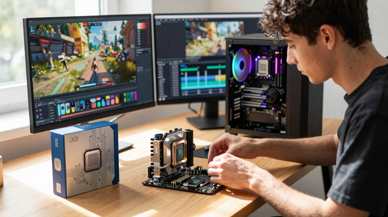 Young man assembling a computer motherboard on a desk with dual monitors showing video editing and gaming software.