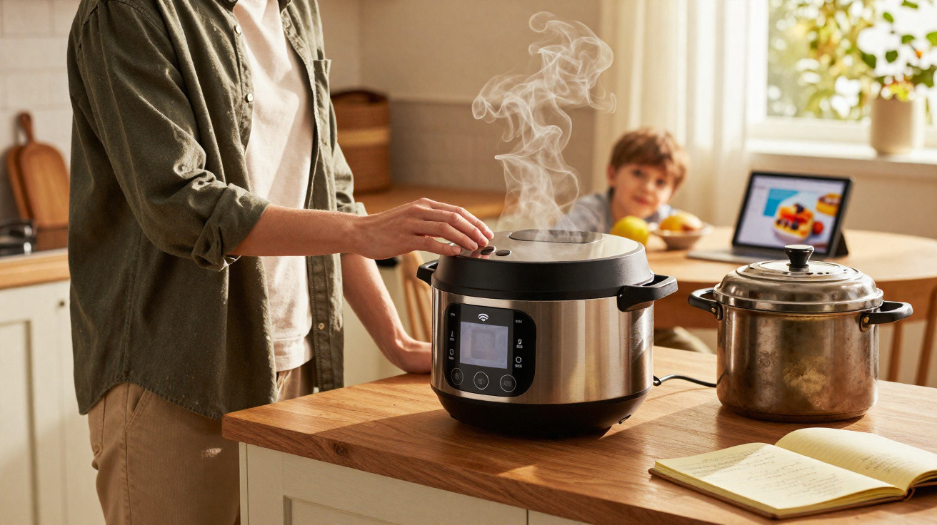 Person using a steaming electric pressure cooker on a kitchen counter with a child and tablet in the background.