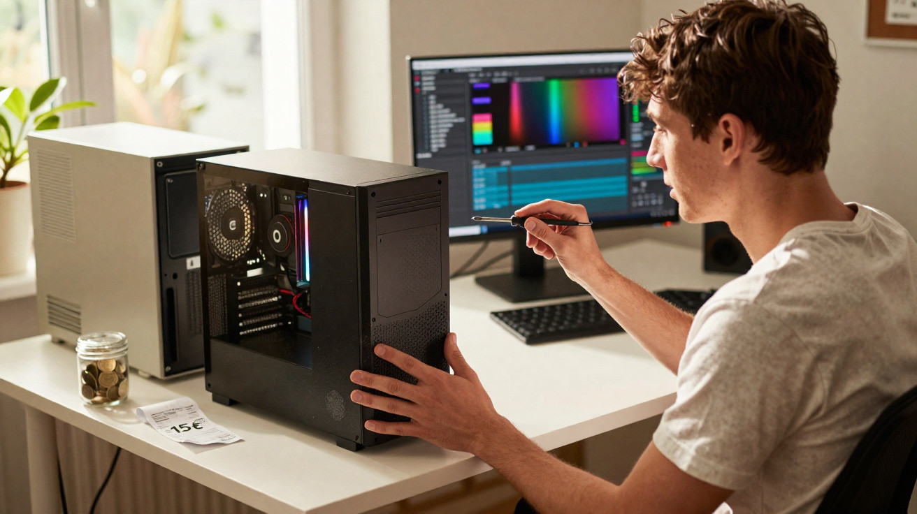 Man assembling a desktop PC with LED fan at a desk with monitor displaying colour editing software.