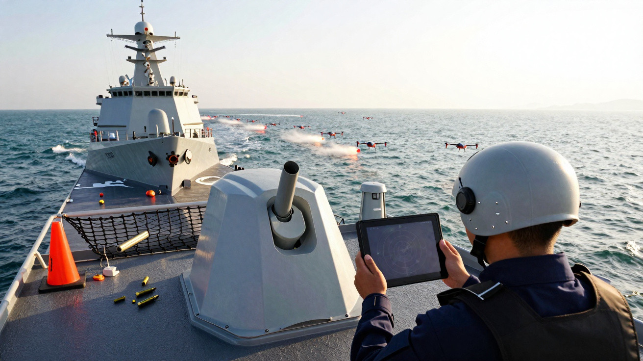 Person on navy ship operating tablet to monitor drones launching over the sea beside a mounted gun turret.
