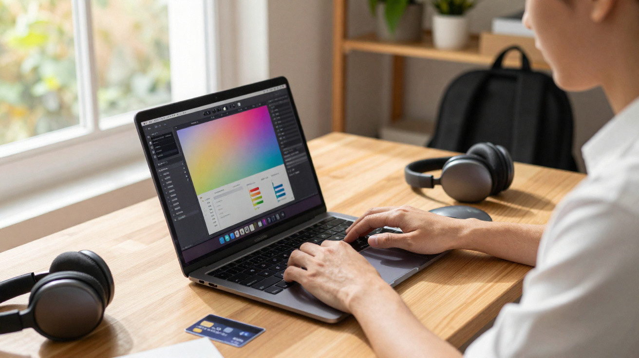 Person working on a laptop with colour editing software open, headphones and a credit card on a wooden desk.