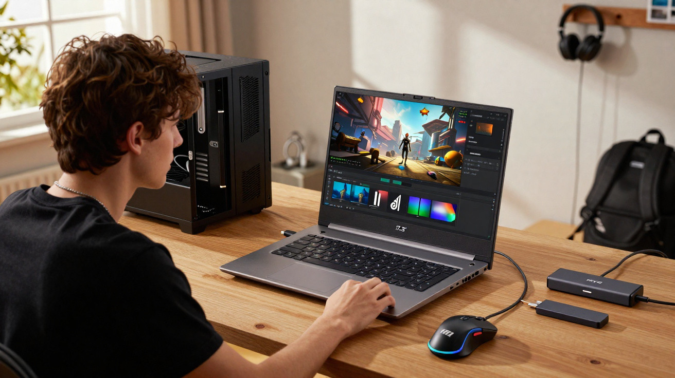 Young man editing a video game scene on a laptop at a wooden desk with a gaming mouse and PC peripherals.