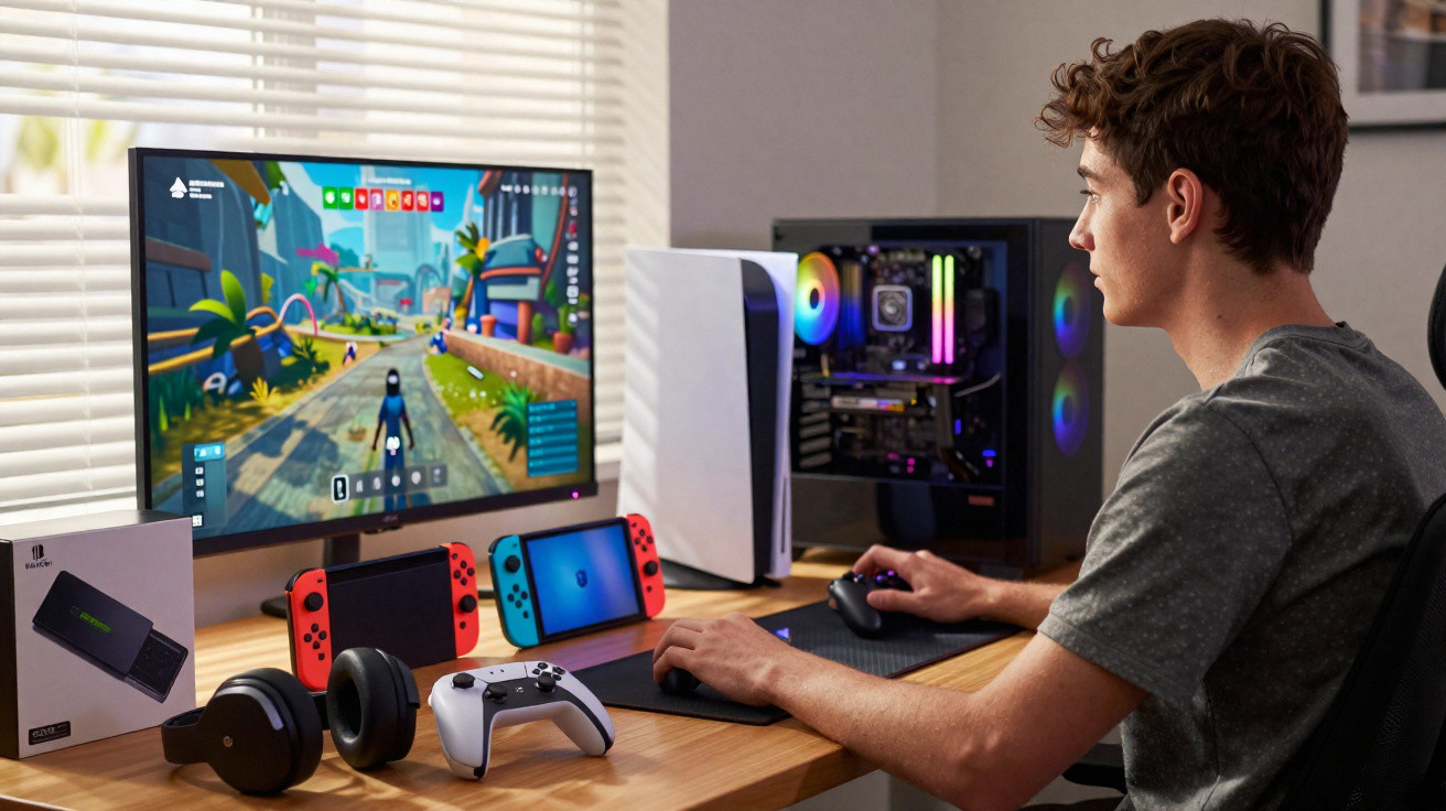 Young man playing a video game on a PC with gaming accessories and a Nintendo Switch on a wooden desk.