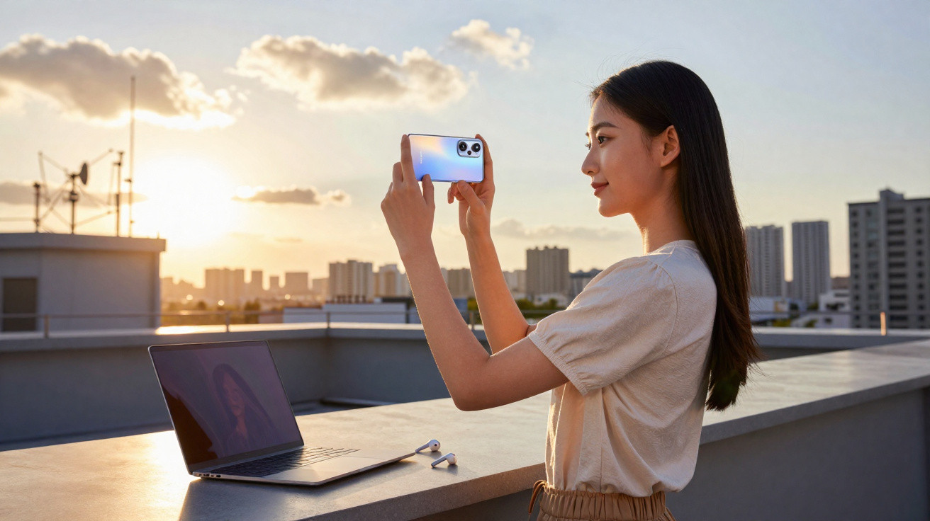 Young woman taking a photo with a smartphone on a rooftop at sunset, next to a laptop and earbuds.