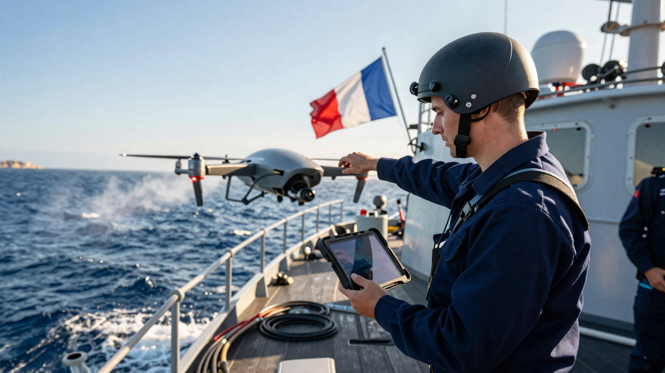 Sailor wearing helmet launching drone from navy ship with French flag in background on calm sea.