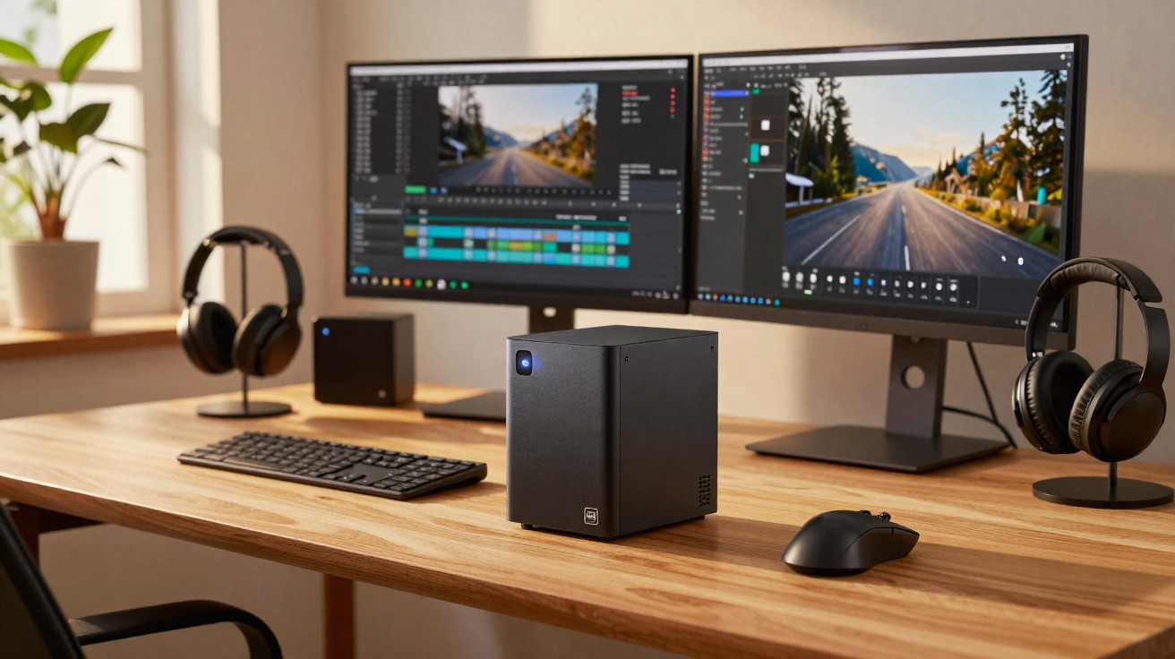Dual-monitor video editing setup on wooden desk with headphones, keyboard, mouse, and compact black PC tower.