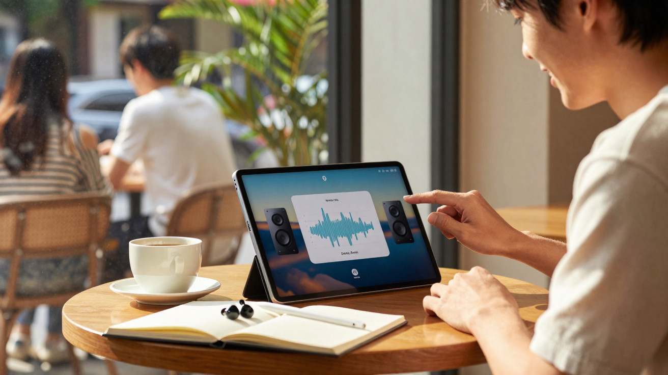 Person using a tablet with a sound wave app at a cafe table with a cup, notebook, and earbuds nearby.