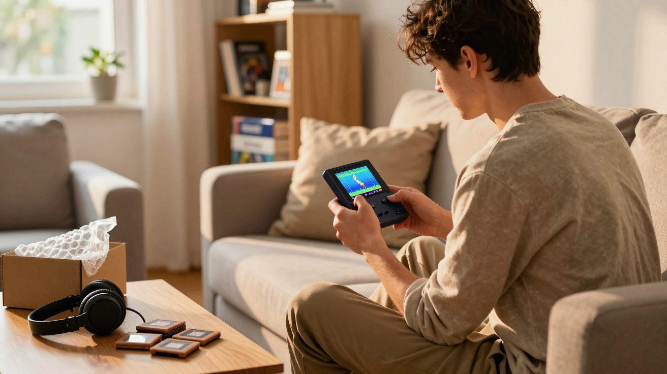 Person sitting on a sofa playing a handheld retro gaming console in a bright living room.