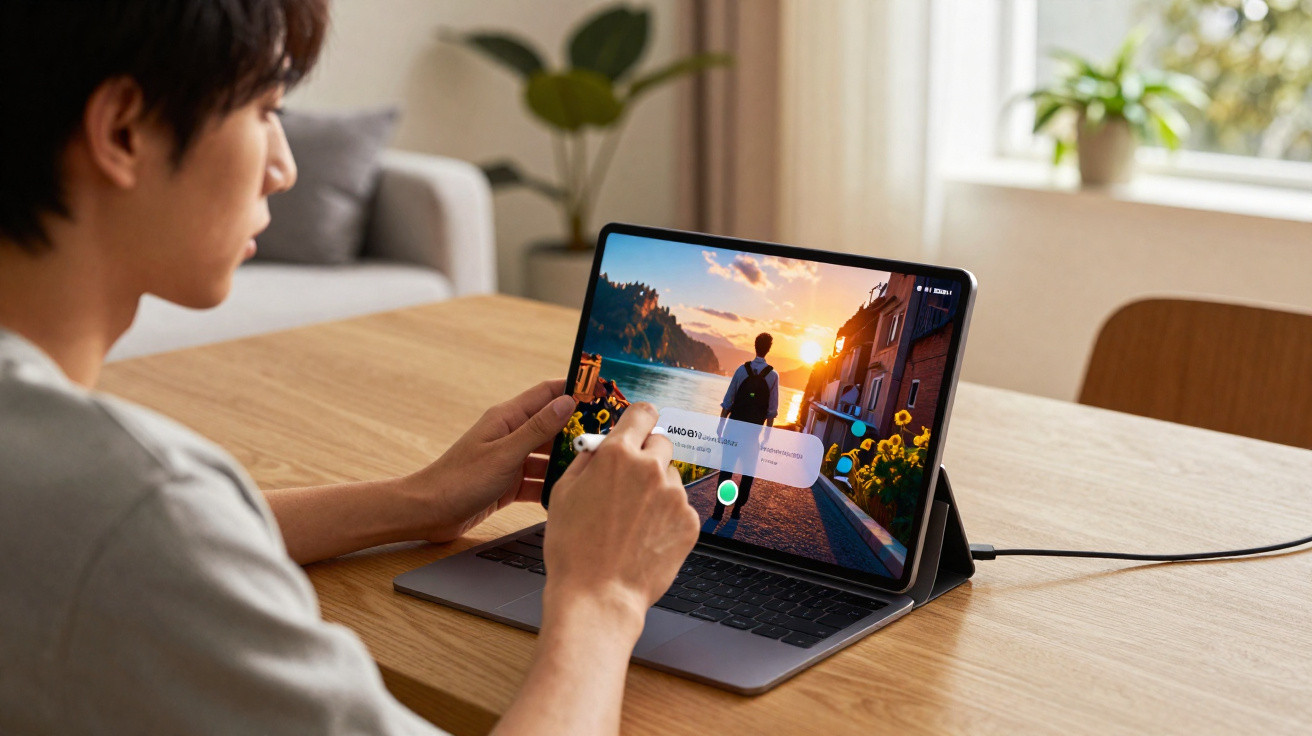 Person using stylus on tablet with keyboard case displaying a sunset scene and notification on a wooden table.
