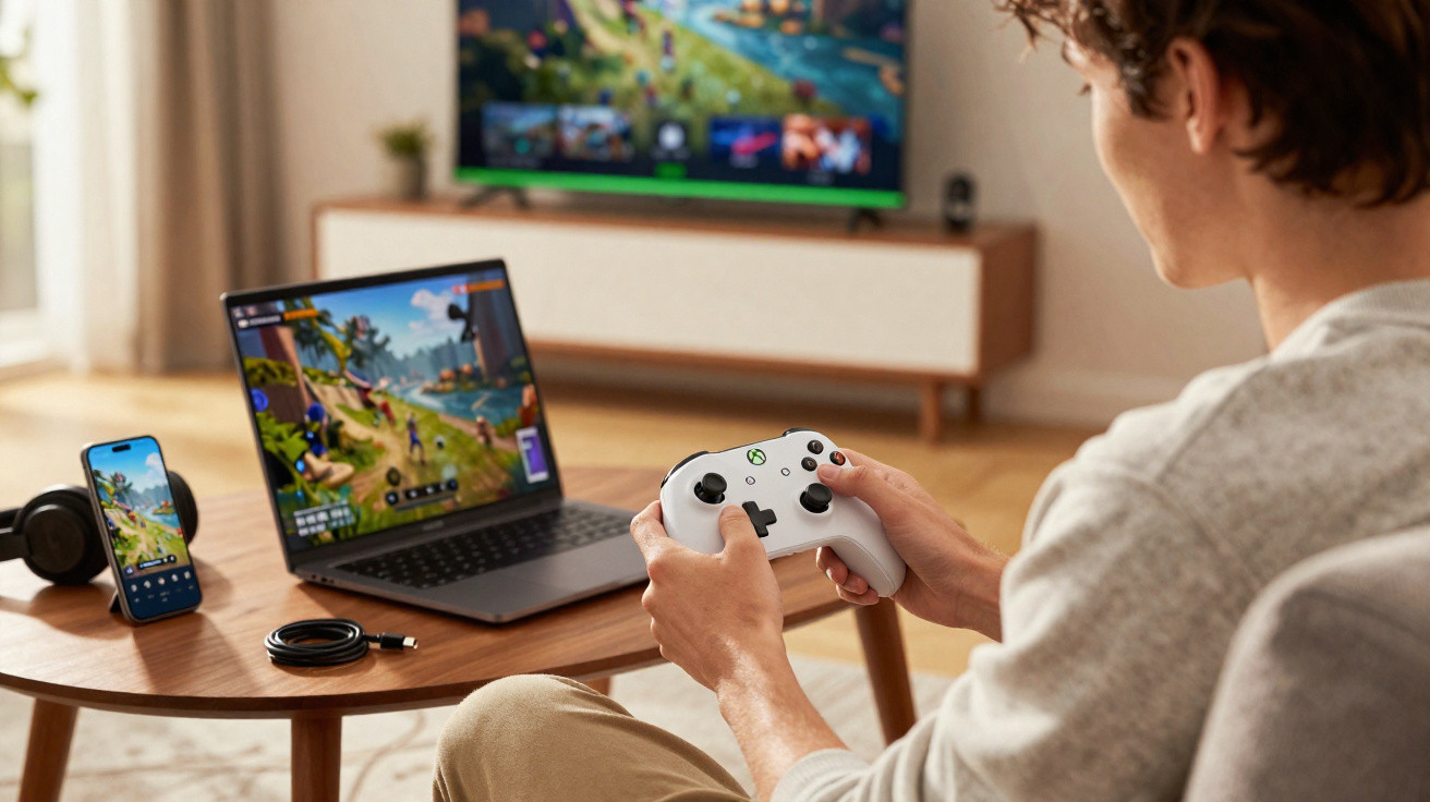 Person playing a video game on a white controller connected to a laptop in a living room.