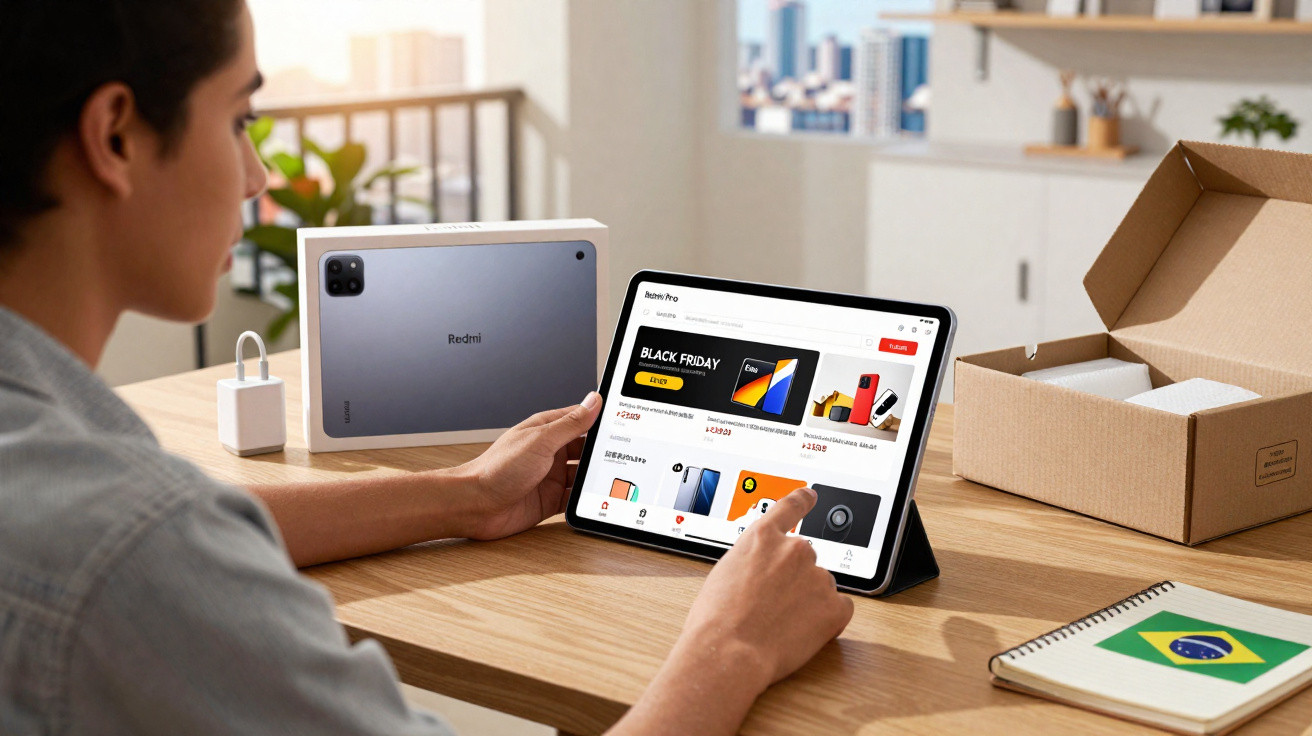 Person using a tablet to browse Black Friday deals, with a Redmi tablet box and a notebook on a wooden desk.