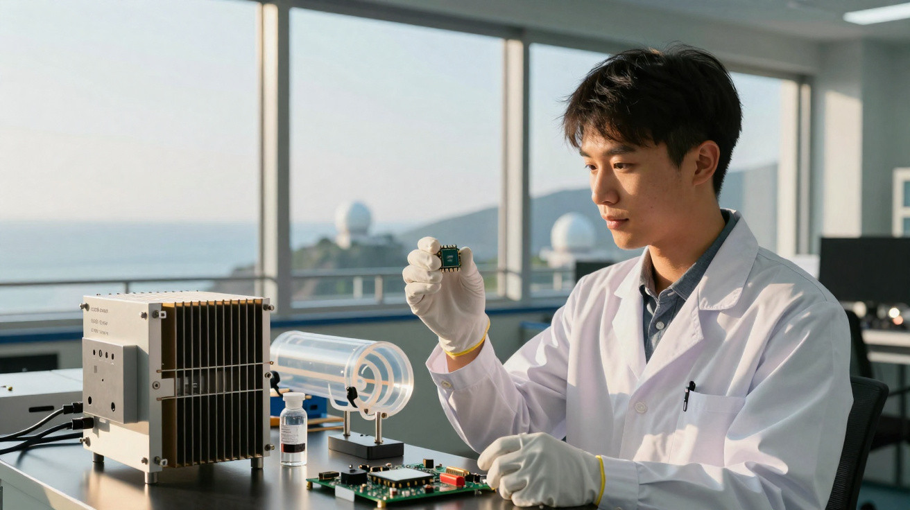 Scientist in a lab coat examining a microchip with electronic equipment on a table in a bright laboratory.