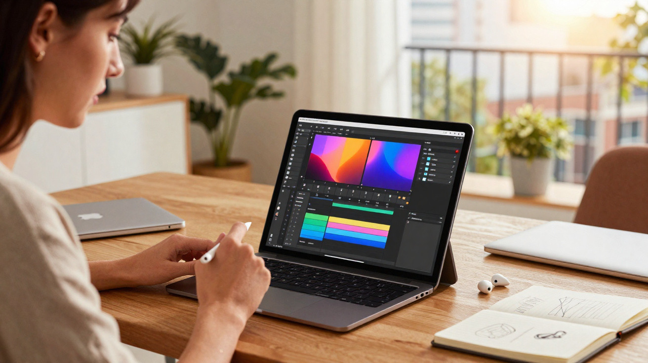 Person editing colourful video clips on a laptop at a wooden desk with notebooks and earbuds nearby.