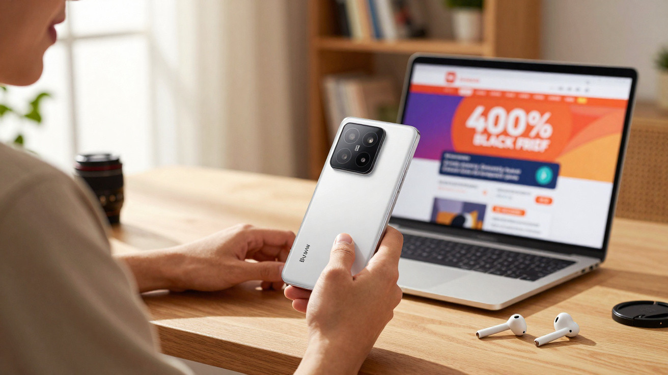 Person holding a white smartphone with a laptop displaying a 400% Black Friday offer on a wooden desk.