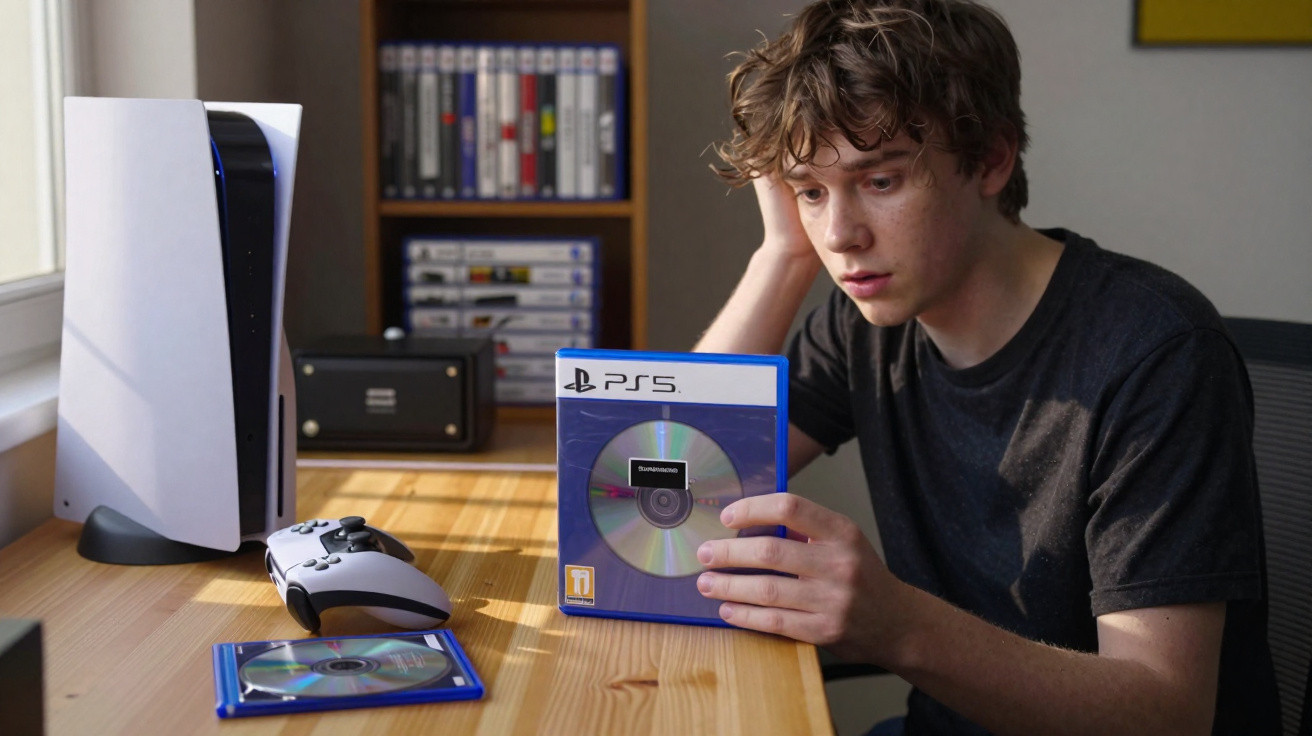 Young man sitting at a table holding a PlayStation 5 game case with a console and controller nearby.