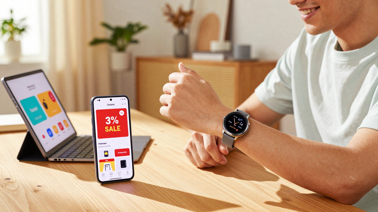Person checking smartwatch while a phone on table displays a 3% sale notification next to a laptop.