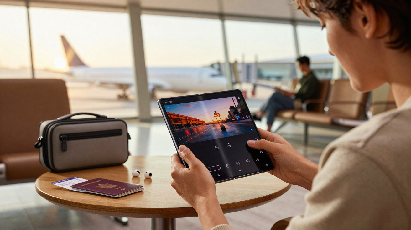 Person using a foldable tablet at an airport lounge table with passport, earphones, and airplane in background.