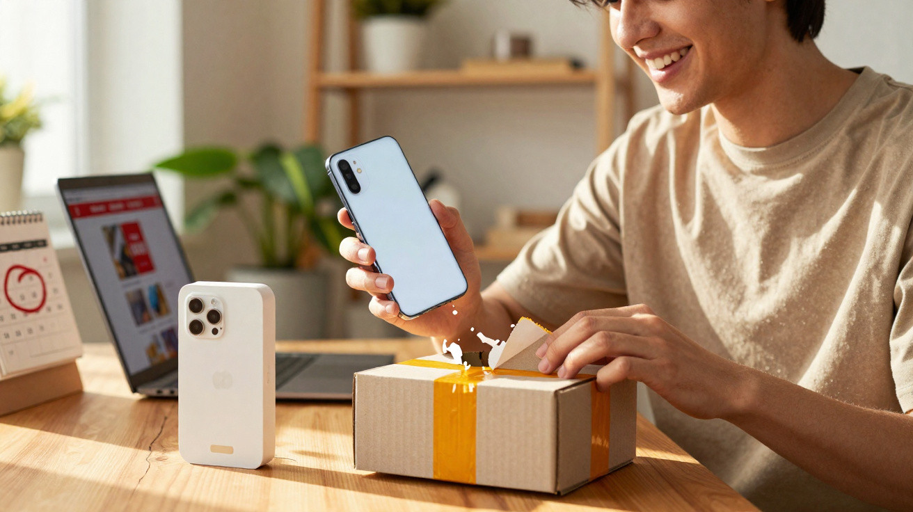 Young man opening a taped cardboard box while holding a smartphone at a wooden desk with a laptop nearby.