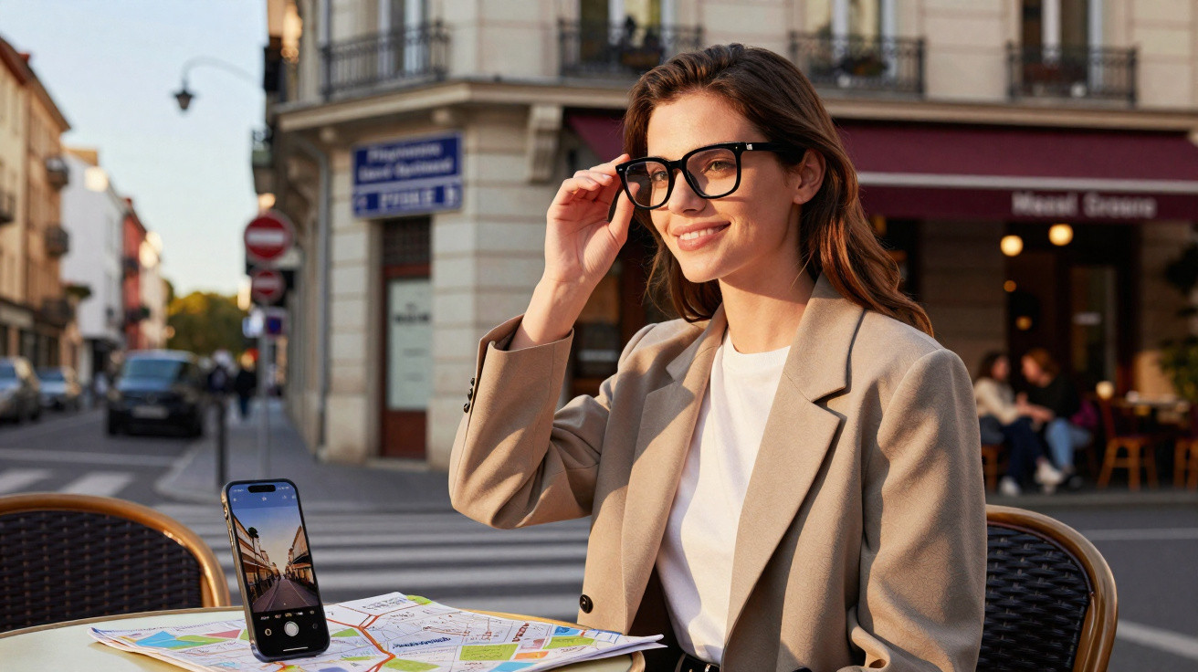 Woman in glasses and beige blazer sitting at outdoor table with map and smartphone in European street cafe.