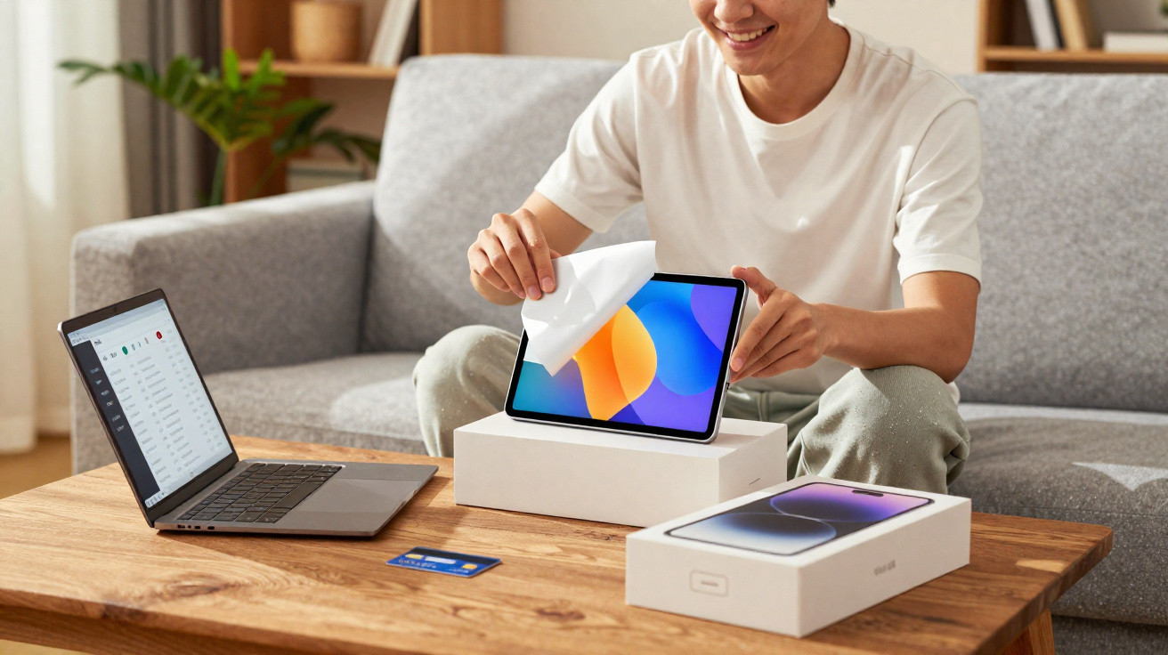 Person sitting on a sofa unboxing a new tablet with a laptop and smartphone on a wooden table.