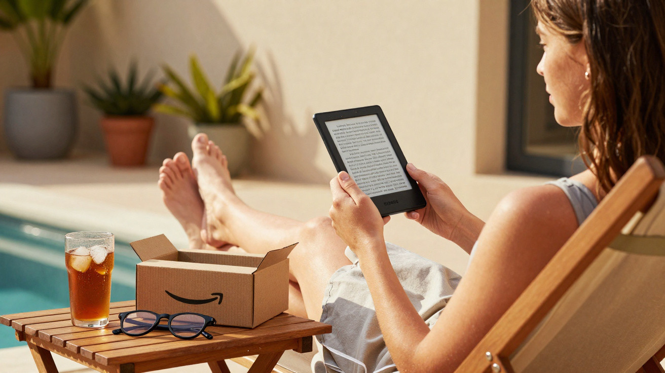 Woman relaxing on lounge chair by pool reading on an e-reader beside iced tea and glasses on a wooden table