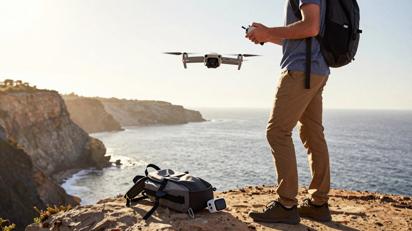 Person operating a drone by the cliffside overlooking the ocean during daylight with a backpack and drone accessories nearby.