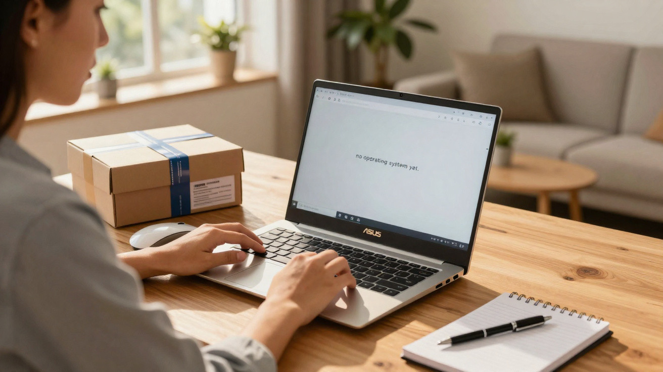 Person using a laptop showing "no operating system yet" message on screen at a wooden desk with a notepad and box.