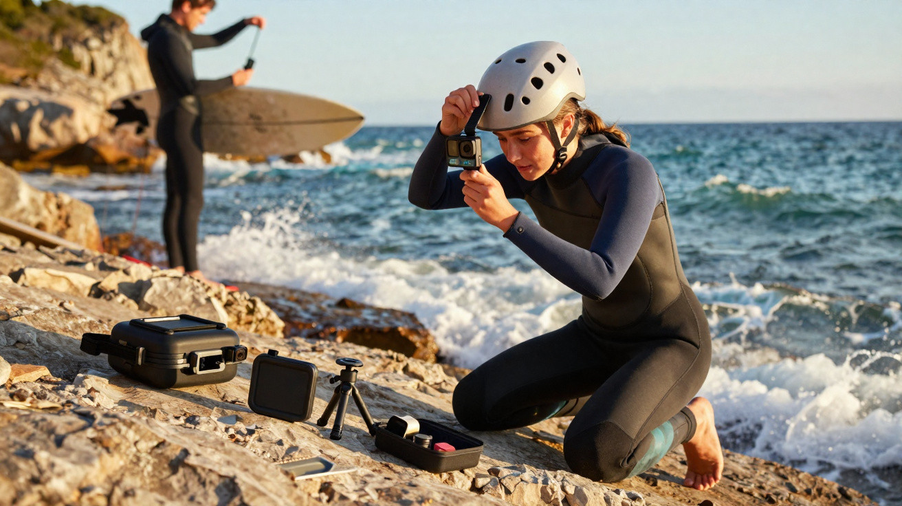Surfer woman in wetsuit and helmet adjusting a camera on rocky shore with ocean waves in background.