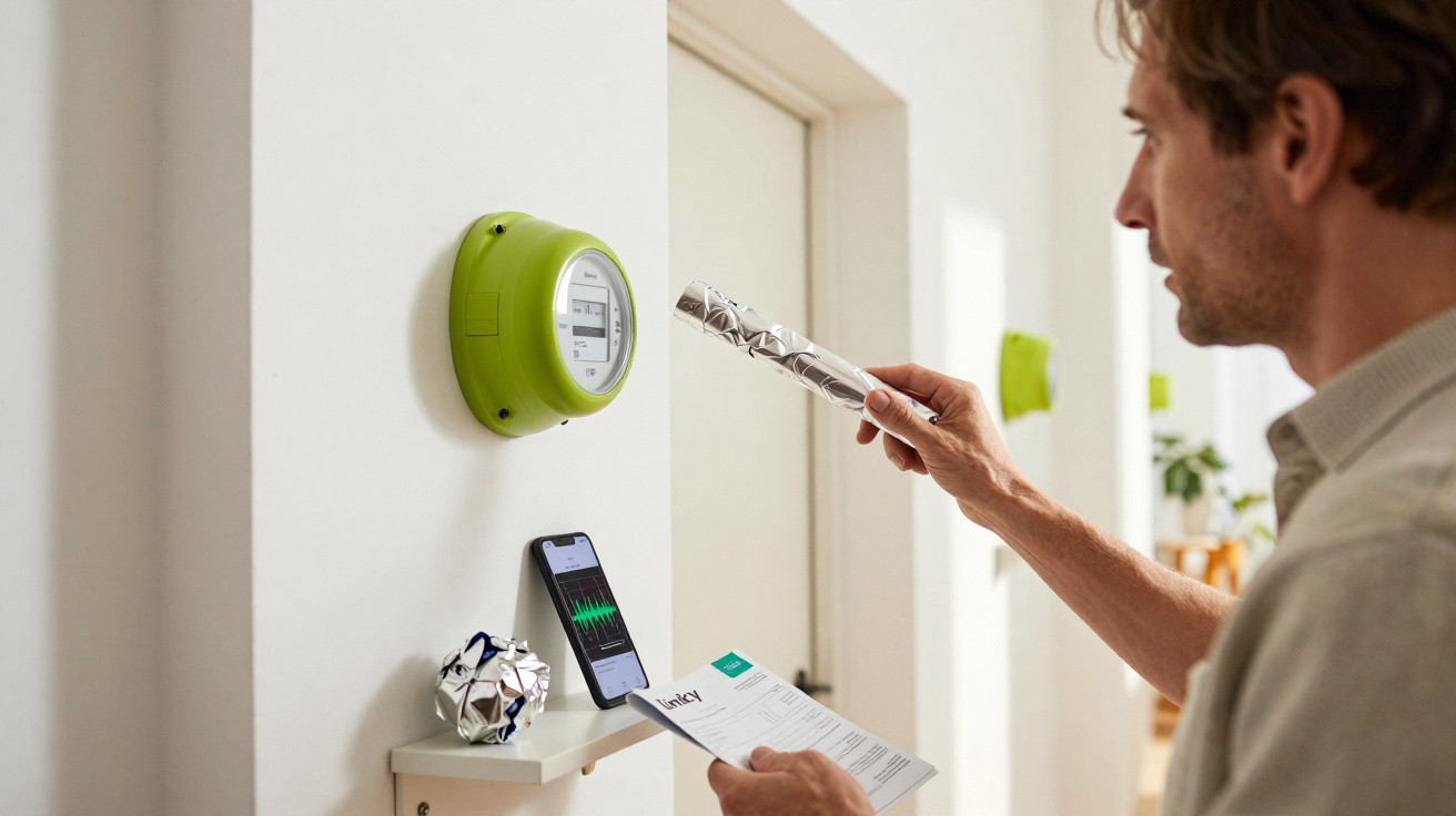 Man holding foil near green smart meter on wall, checking energy usage on phone and paper indoors