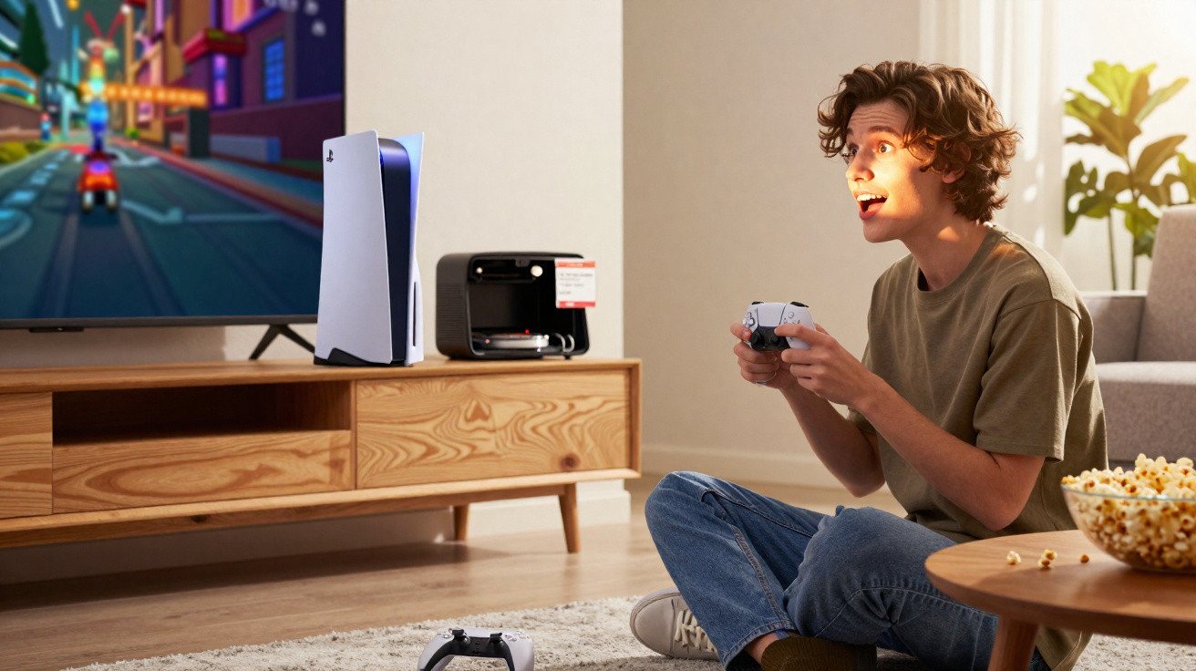Young man playing video games on a console in a bright living room with popcorn on a table nearby.