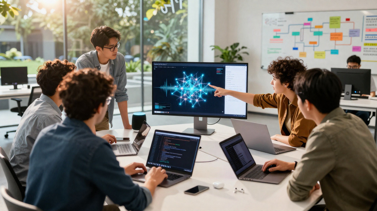 Team of young professionals collaborating on AI project with laptops and a large screen in modern office.