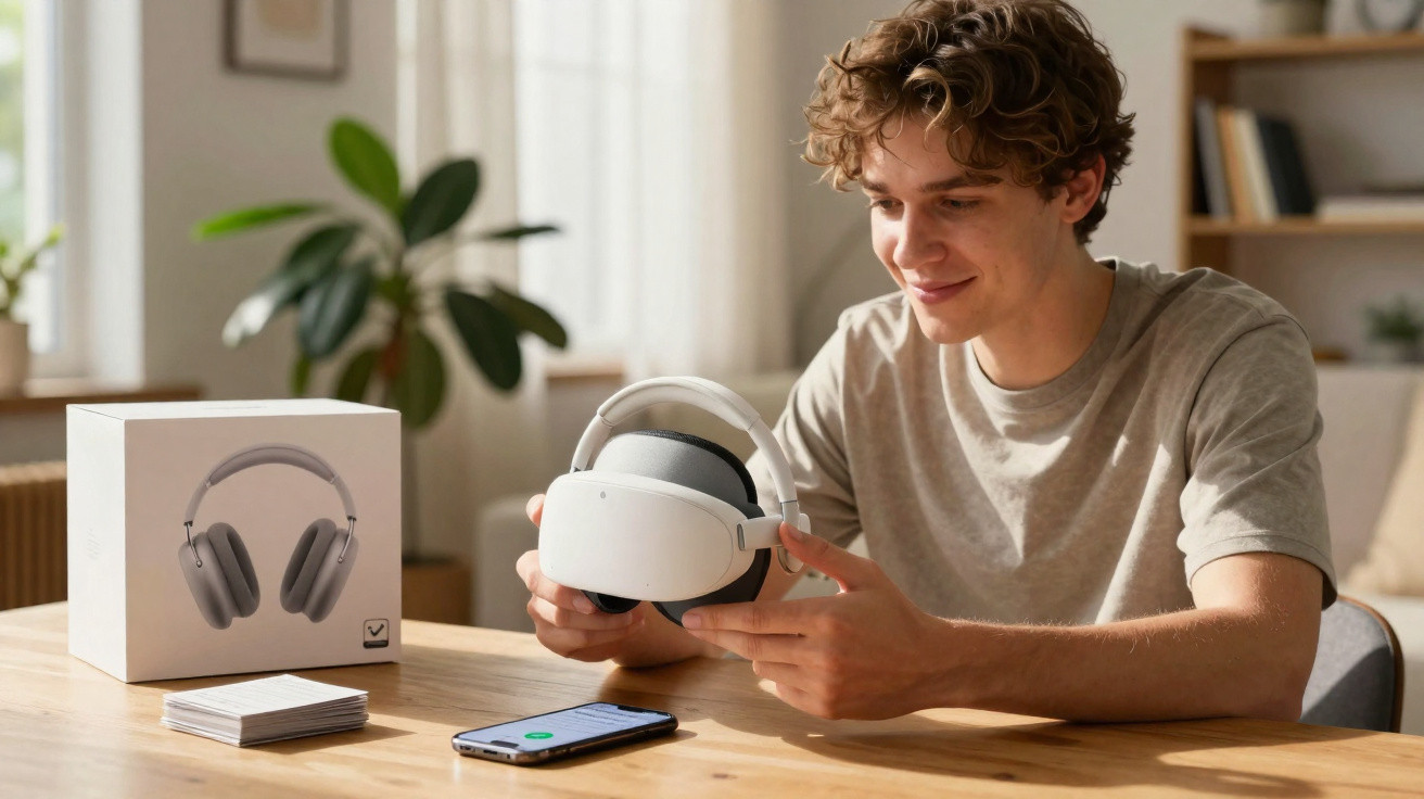 Young man sitting at a table examining a white VR headset with its packaging and smartphone nearby.