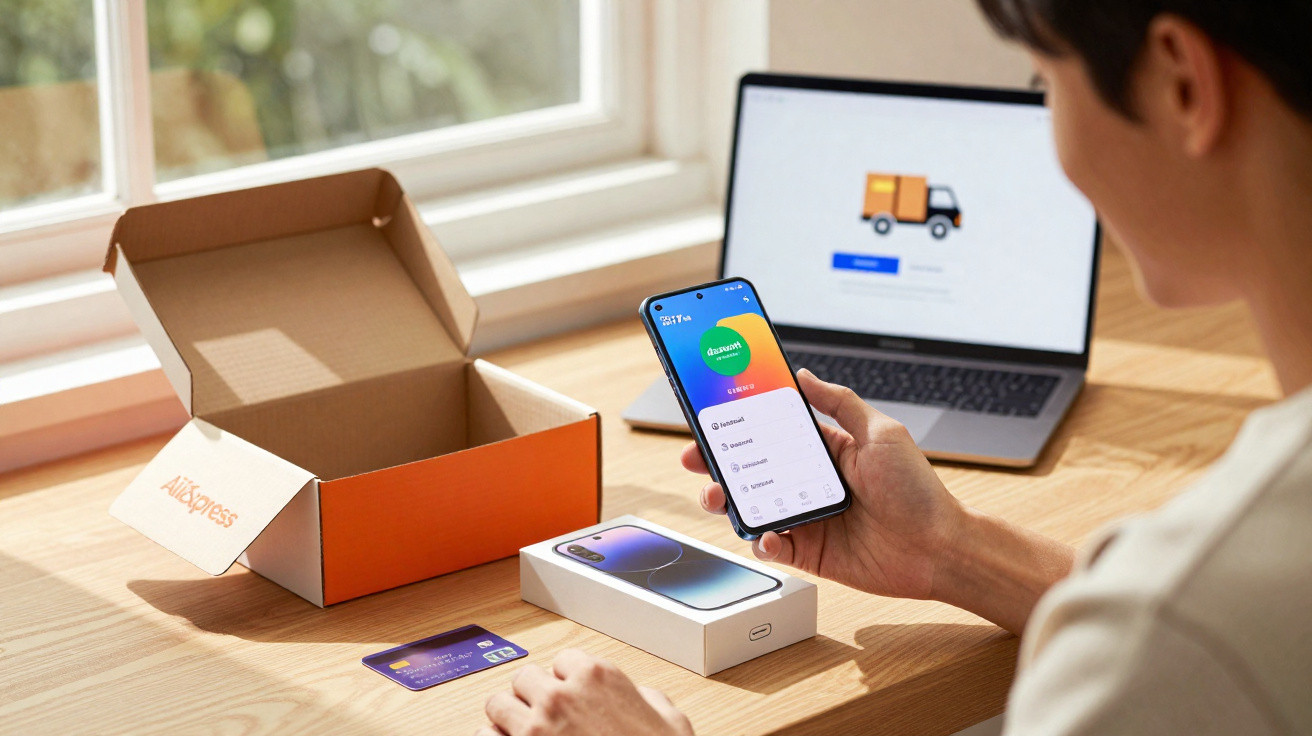 Person holding smartphone with app open, next to opened AliExpress box, new phone box, credit card, and laptop on wooden tabl