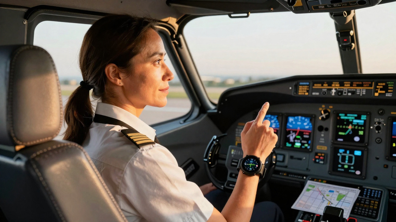 Female pilot in uniform operating controls inside a modern airplane cockpit during daylight.