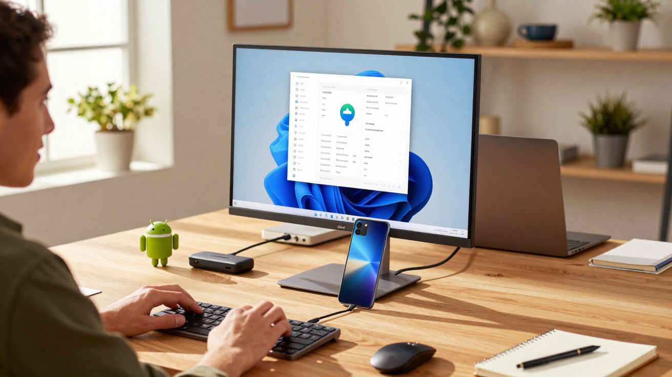 Person using a PC with an Android phone connected on a wooden desk with a large monitor and keyboard.