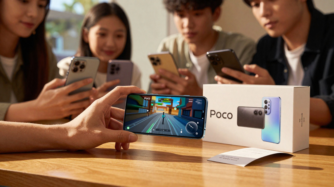 A group of four young people playing mobile games on Poco smartphones around a table with a Poco phone box displayed.