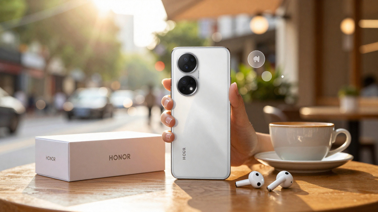 Hand holding a white Honor smartphone on a table beside its box, wireless earbuds, and a cup of coffee.